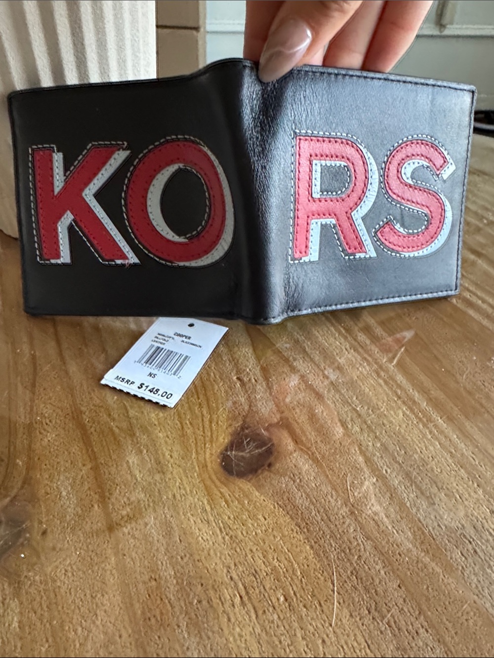 Michael Kors Black Leather Bifold Wallet with Red and White Logo